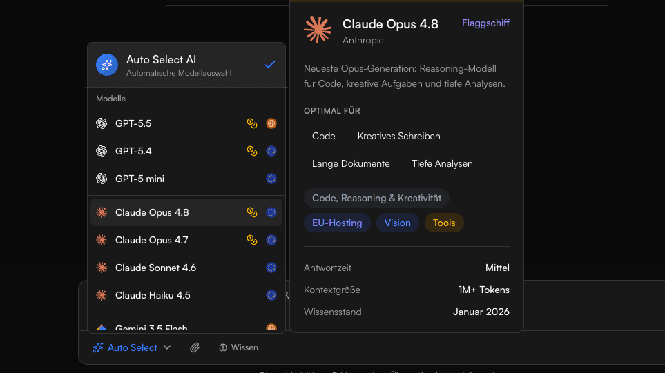 Claude Opus 4.8 im CorporateLLM-Modell-Picker, ausgewählt als Flaggschiff-Modell, EU-gehostet und DSGVO-konform.
