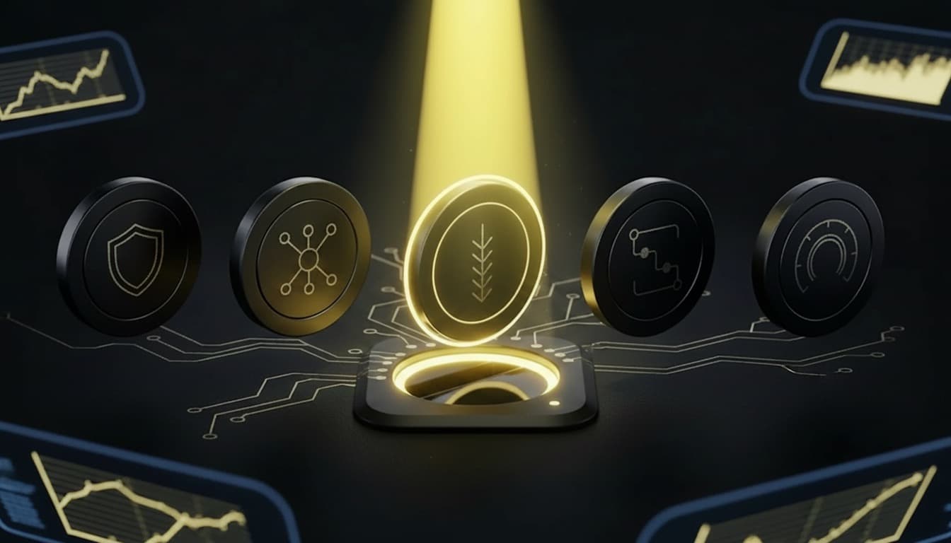Vier abstrakte SaaS-Lösungs-Discs auf dunklem Brushed-Metal-Surface, die zentrale Disc mit Pfeil-Icon dockt in den Slot und wird vom warm-gelben Spotlight markiert. Brand-Visual für die vier Plattform-Wege im Mittelstand 2026.