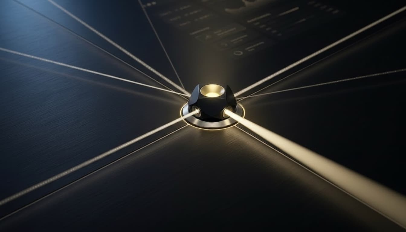 Golden node with four beams of light as the brand visual for the Corporate LLM multi-model platform.