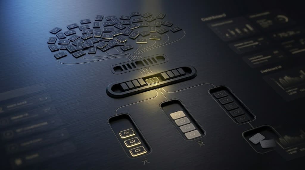 CGI decision tree on a brushed-metal surface: at the top, ~50 obsidian CV plates as an unsorted inbox; in the middle, a warm-yellow-lit scoring gate applying the rubric; at the bottom, three separate tier channels A/B/C plus a set-off knockout tray. Brand visual for the Corporate LLM CV screening pattern.